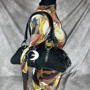Vtg Guess 90s Y2K Black Monogram Shoulder Bag Purse Silver G Buckle & Hardware